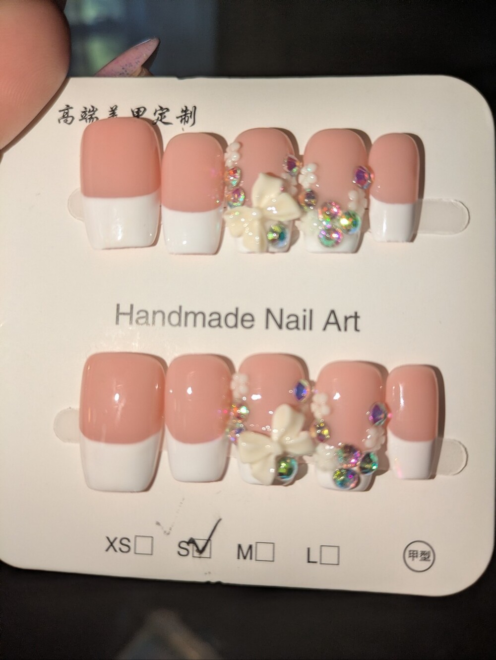 Handmade French Tip Press-On Nails–3D Bow, Pearls & Rhinestone Gems Size Small